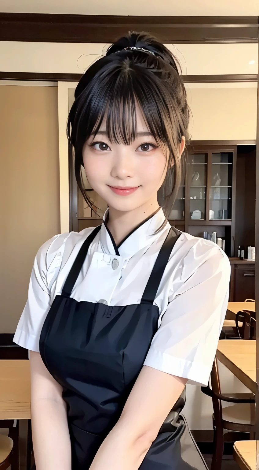 (highest quality,masterpiece:1.3,Ultra-high resolution,),(Very detailed,Caustics),(Photorealistic:1.4,RAW shooting,)Ultra-Realistic Capture,Very detailed,High resolution 16K human skin closeup。 Natural skin texture、,Pores、、、、It must be detailed enough to be easily identifiable。 Skin tone is even and healthy looking。 Use natural light and color,restaurant,Waitress Uniform,1 girl,Japanese,18-year-old,cute,Black-haired,ponytail,Big Breasts,smile,Turn your body forward,(Front view:1.1),Looking at the camera,Cowboy Shot,