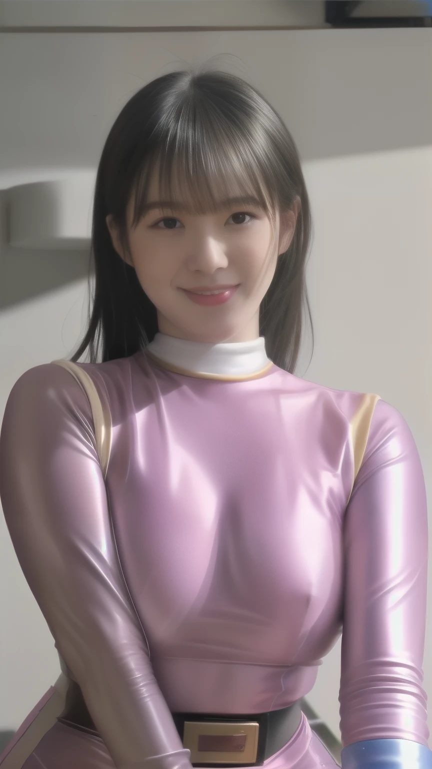 A 25 year old woman wearing a sexy dark pink and white glossy skin-tight hero suit:1.8, highest quality, High resolution, 8k, One girl, Huge breasts :1.5, (bangs,Black Hair,Shortcuts), Shiny skin, View your viewers, smile,:1.5 Whole body:1.5