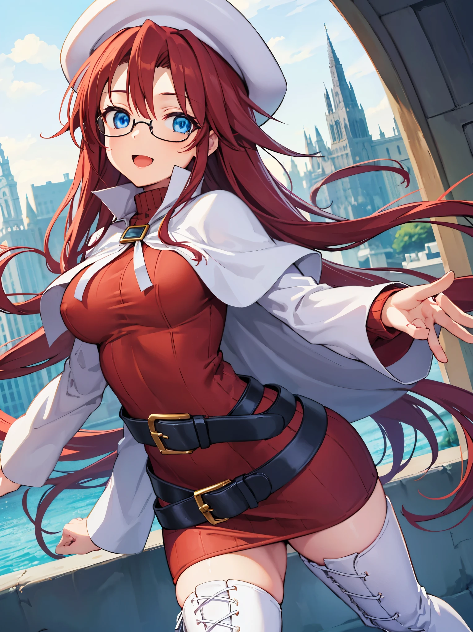 pov,nsfw,summonnightaty, aty, (young:1.3),long hair, blue eyes, red hair, large_beret, hat, glasses,
BREAK long hair, thighhighs, hat, dress, boots, glasses, belt, cape, sweater, zettai ryouiki, beret, thigh boots, white footwear, ribbed sweater, loose belt,solo,
BREAK outdoors, fantasy,on_the_ship,on_the_ship's_railing
,
BREAK (masterpiece:1.2), best quality, high resolution, unity 8k wallpaper, (illustration:0.8), (beautiful detailed eyes:1.6), extremely detailed face, perfect lighting, extremely detailed CG, (perfect hands, perfect anatomy),covered_nipples,covered_navel,light_smile ,(half_eyes:1.4),sword,armpit,sleepy,dynamic_dancing,barrel,red_sweater,apart_legs,magical_effect,spread_legs, have_a_book,open_mouth,teacher,rise_knee,