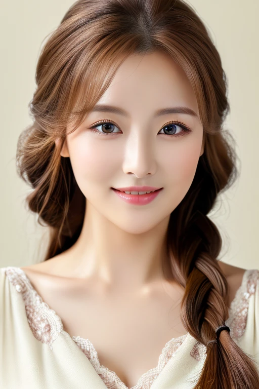 ((highest quality)), ((masterpiece)), (detailed), Head to waist angle、Perfect Face、Perfect body、Light brown hair、Beautiful Skin、A beautiful Russian and Korean woman、(masterpiece:1.3), (8k, Photorealistic, Raw photo, Best image quality: 1.4), (Random Hairstyles:1.2)、Cleavage:1.2、Super detailed face、Attention to detail、double eyelid、Sharp focus:1.2、Beautiful woman:1.4、highest quality、masterpiece、 high resolution、(Photorealistic:1.4)、非常にdetailedでプロフェッショナルな照明の笑顔、thin、Serious expression、A perfect smile、Top view