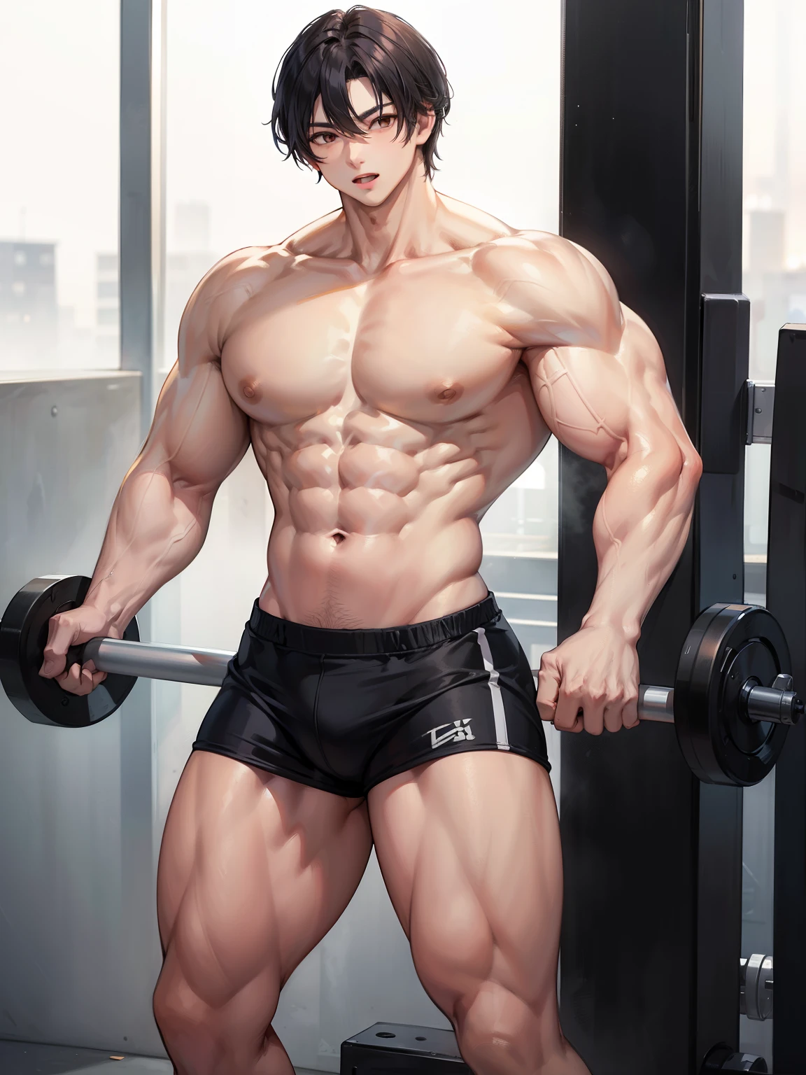 top-quality、Full limbs、1 persons、small brown eyes、high confidence, honey skin color ,
Man, (male), black hair, good figure, handsome face,
, , gym , ((muscular:0.3 )) , ,( strong) , muscular ,excited (big muscle leg) , (the boy)
