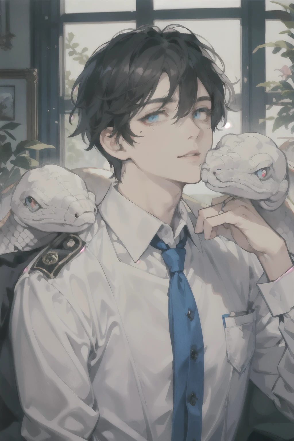 masterpiece, best quality, ultra detailed, (solo man), (male focus), ((Oblong face)), ((Square jawline)), black hair, ((hairs between eyes)), ((shoulder length)), ((narrow blue eye)), fair skin, skinny body, beauty mark, {uniform, outfit, clothes}, dress shirt, (Giving an insincere smile:0.7), (kiss a big albino snake), Offering a comforting touch in living room