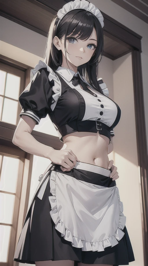Woman in crop top maid uniform, showing navel, skirt, Mansion