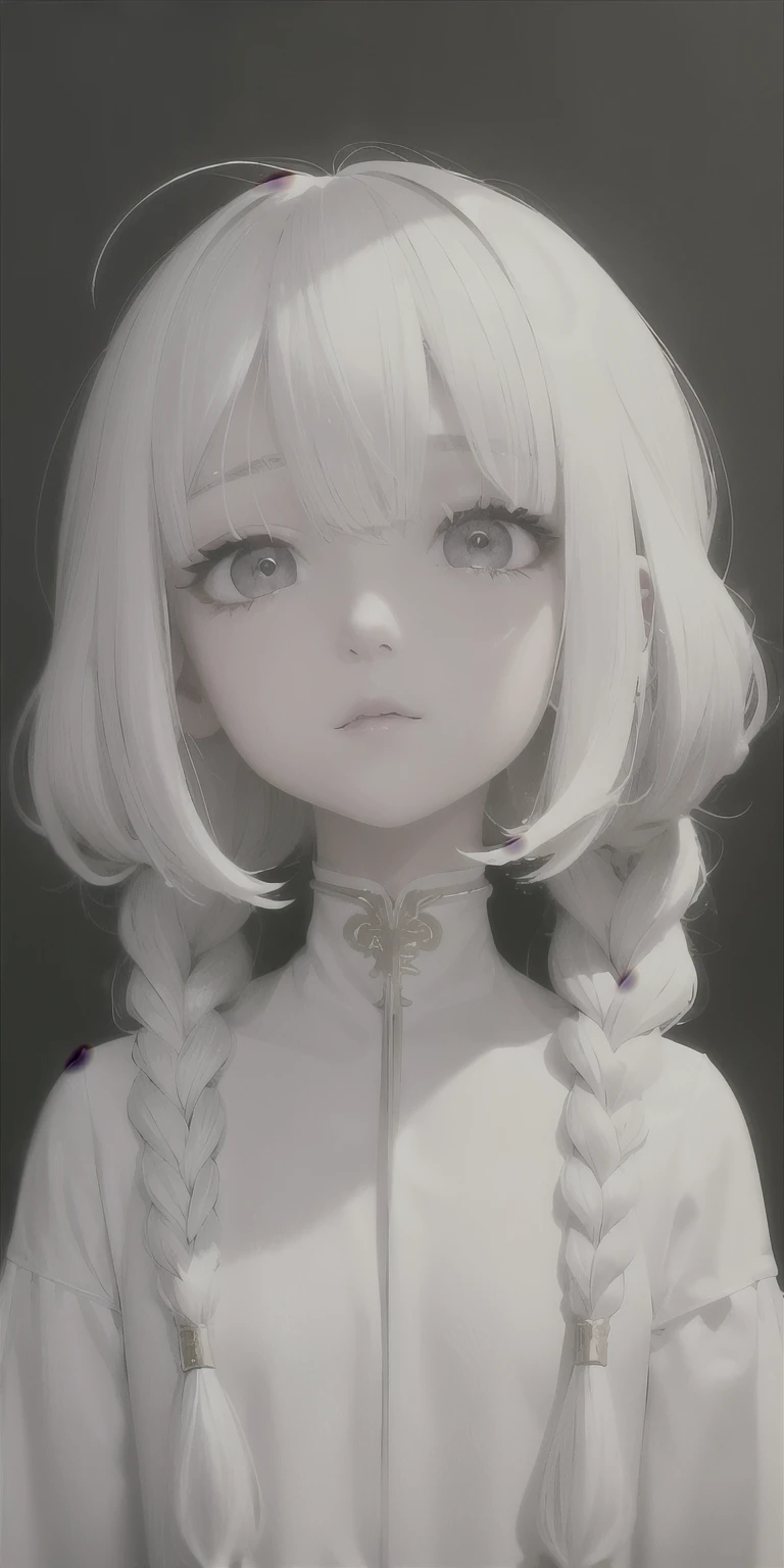 best quality, masterpiece,white hair, gold eyes,white clothes, looking up, upper body,hair strand,Fair skin,side braids