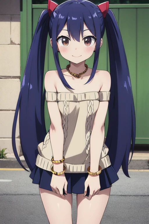 masterpiece, highest quality, High resolution, Arwendy, Long Hair, Twin tails, hair ornaments, Exposing shoulders, sweater,Bracelet, bracelet, Outdoor, Are standing, Cowboy Shot, smile,