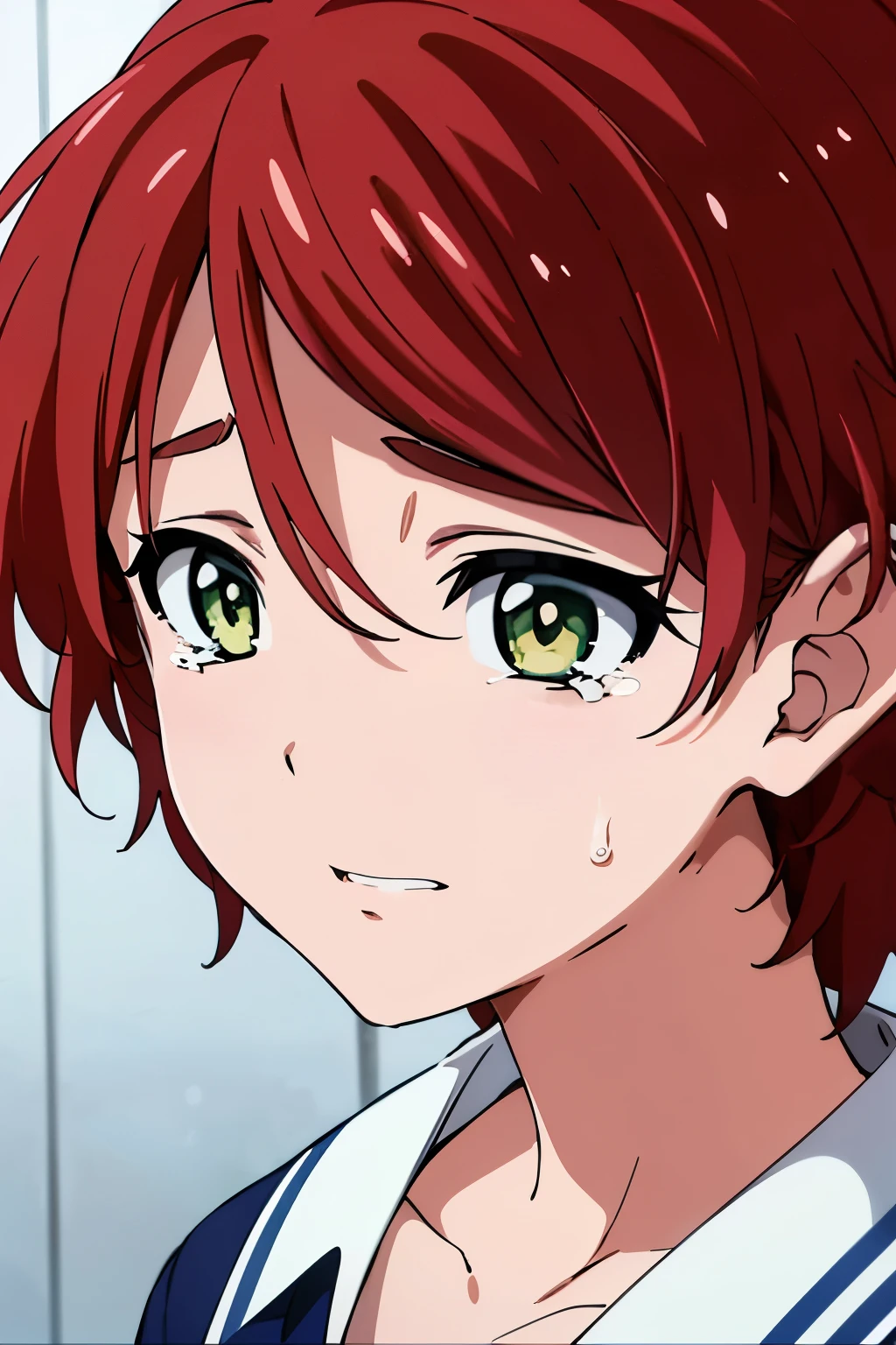 (best quality,4k,1girl,Sweet blue portrait of Momoe Sawaki R4 crying,red hair,Green eye)