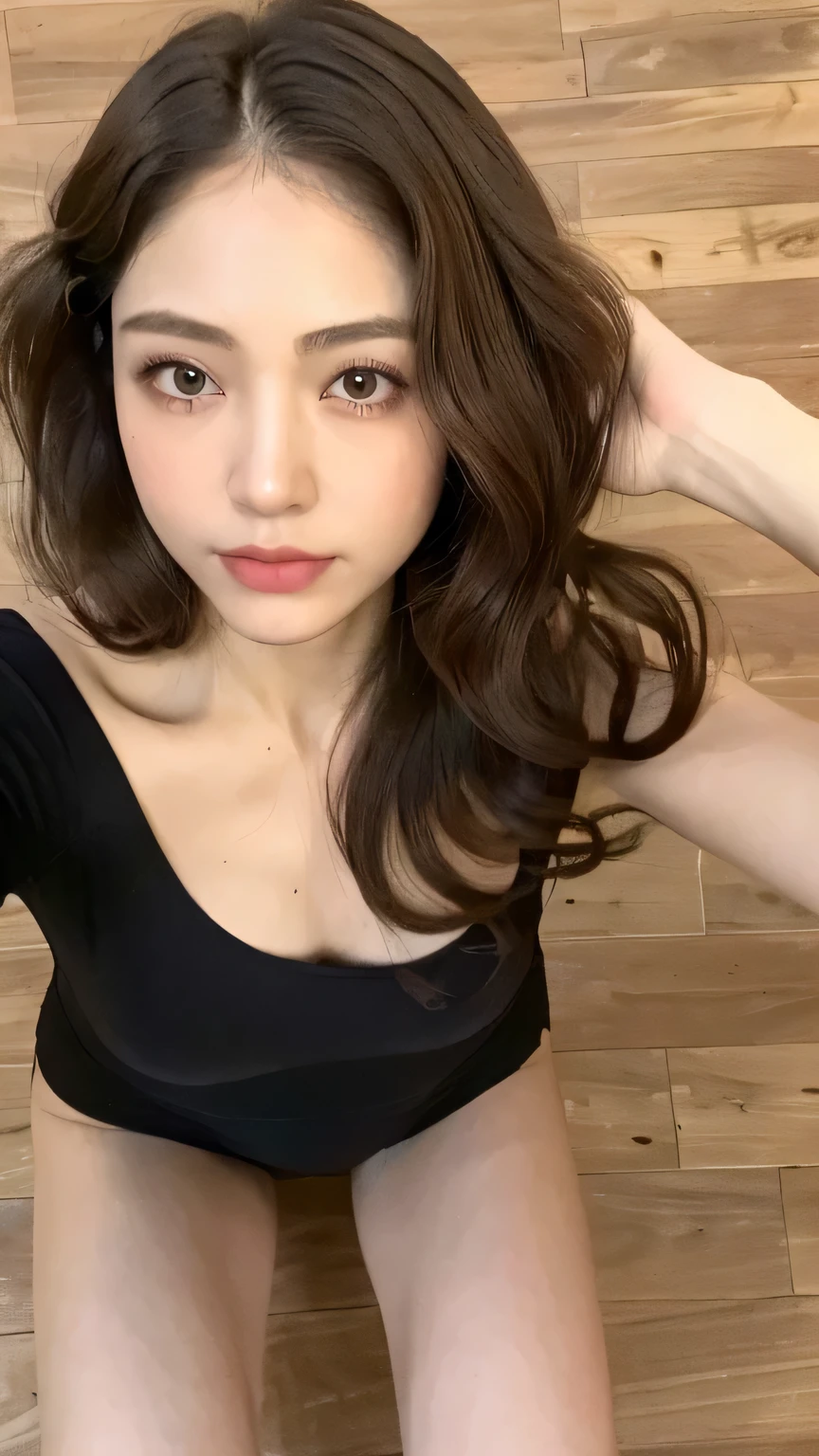 ((highest quality, 8k, masterpiece: 1.3)), 1 female, Japanese Mature,Sensual beauty: 1.3, (Hair style Brown hair Short waves, big: 1.2), Black Nightwear: 1.1, Super slender face, Delicate eyes, double eyelid, Dimples,Mole, Home,Plump body,very thick legs,Cowboy shot from above,