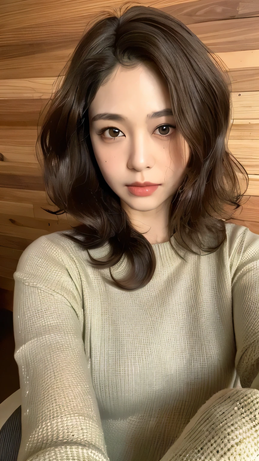 ((highest quality, 8k, masterpiece: 1.3)), 1 female, Japanese Mature,Sensual beauty: 1.3, (Hair style Brown hair Short waves, big: 1.2), Black Nightwear: 1.1, Super slender face, Delicate eyes, double eyelid, Dimples,Mole, Home,Plump body,very thick legs,Cowboy shot from above,
