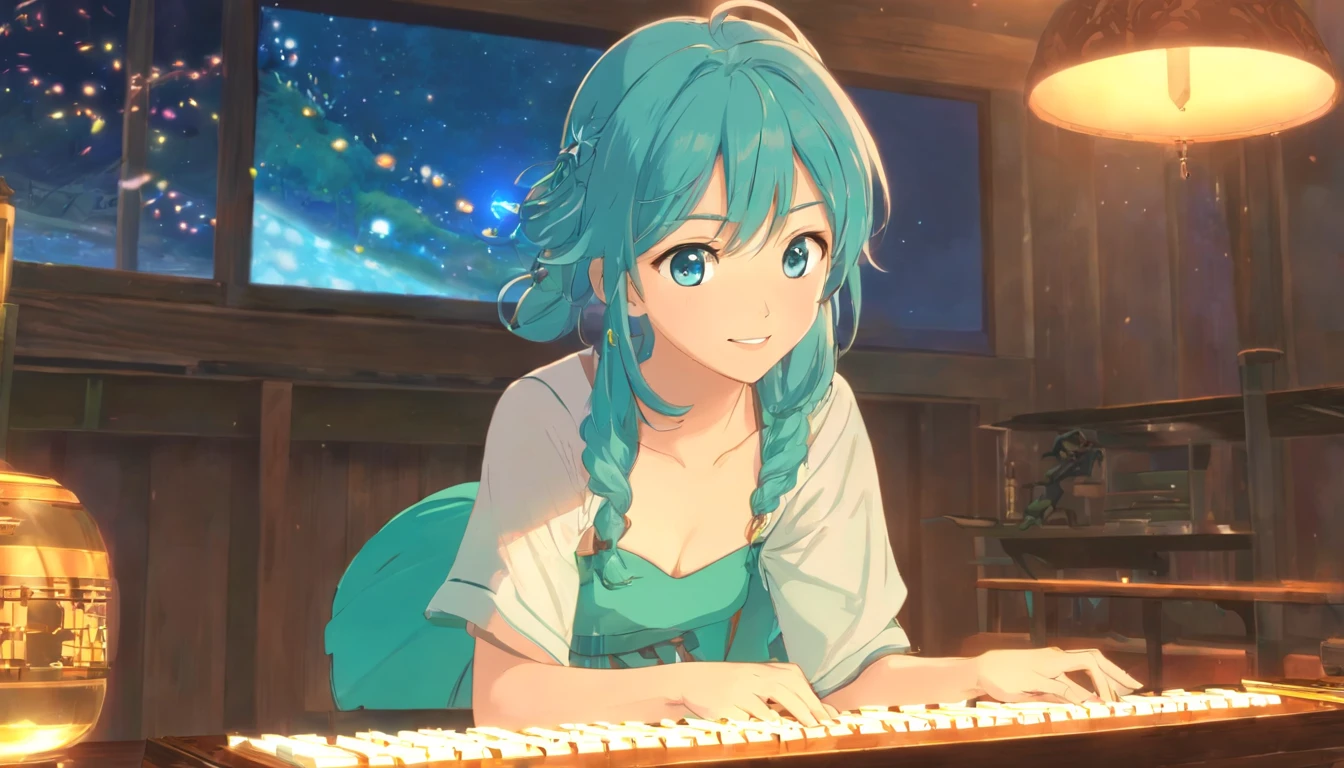 masterpiece, best quality, Extremely detailed, illustration,(1 Girl),Beautiful and delicate eyes, looking at the audience, (Hold the keyboard), Happy, (Turquoise hair:1), (Blue round eyes:1), (Round Earrings), (Large turquoise gemstone necklace), Cute round face, long hair, Smile, Fantasy Chinese Clothing