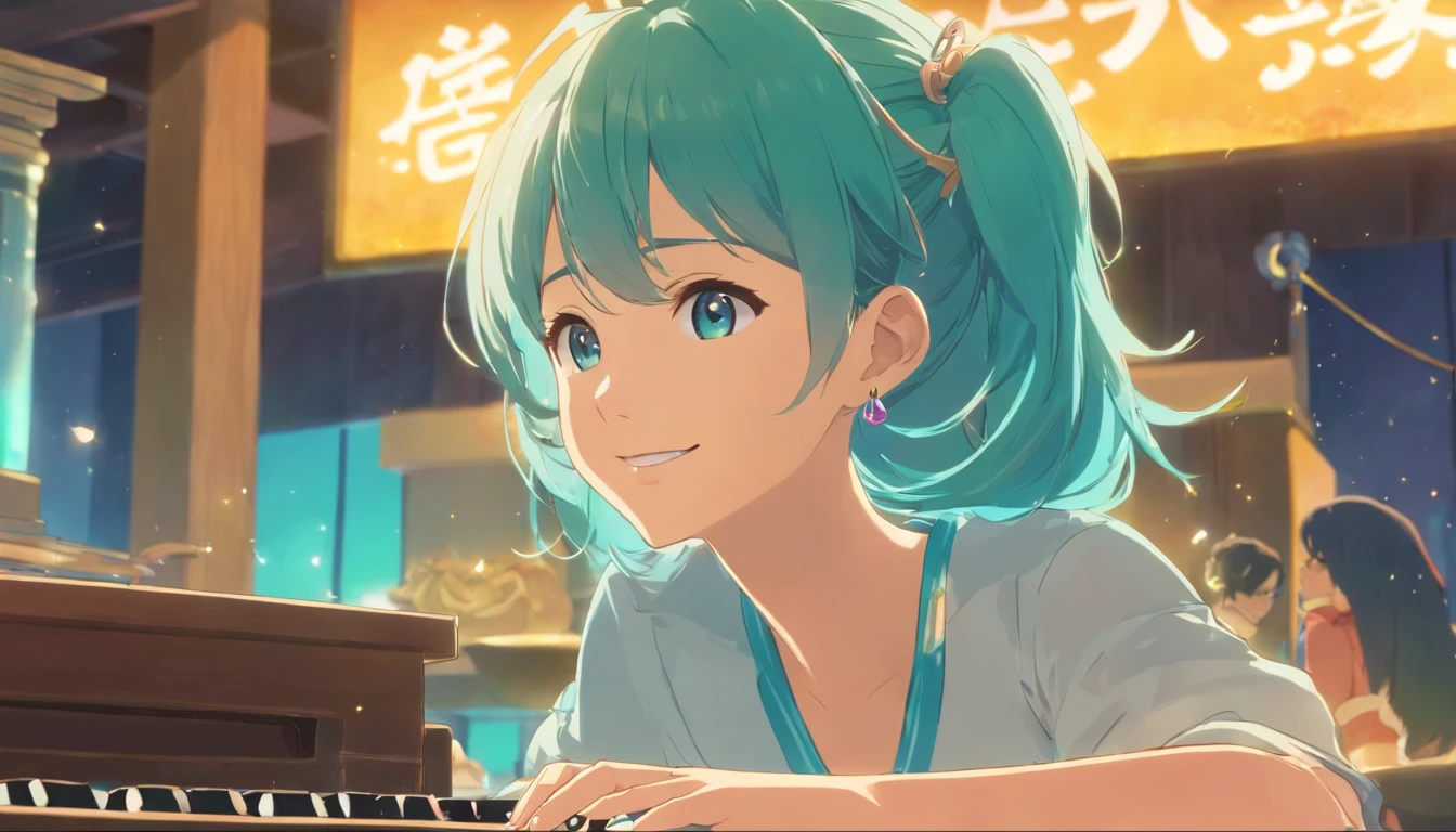 masterpiece, best quality, Extremely detailed, illustration,(1 Girl),Beautiful and delicate eyes, looking at the audience, (Hold the keyboard), Happy, (Turquoise hair:1), (Blue round eyes:1), (Round Earrings), (Large turquoise gemstone necklace), Cute round face, long hair, Smile, Fantasy Chinese Clothing