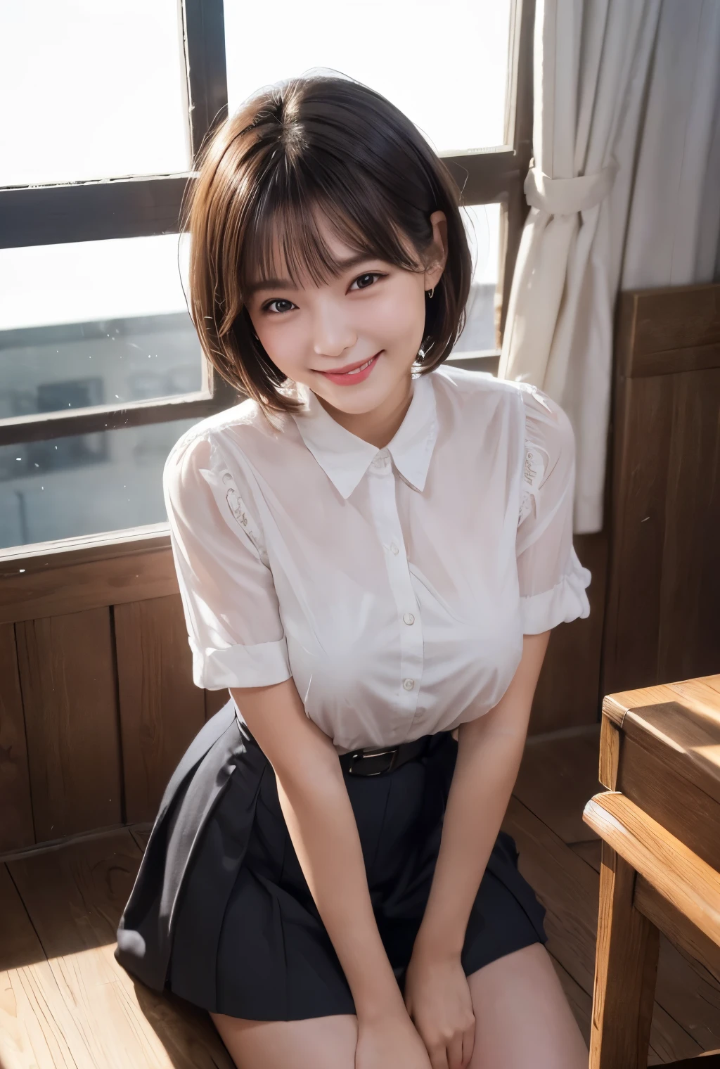 highest quality, masterpiece, Ultra-high resolution, (Reality: 1.4), Original photo, 1 woman, mature, happy smile, short hair, plump body, , Cinema Lighting, from below,