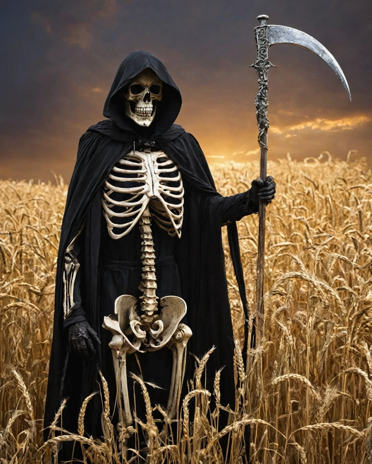 Demon's Crown, in style of Bruce Munro,Grim reaper(or reaper for short)It is the English name of the god of death.,Image of a skeleton wearing a black cloak,Holding a sickle。This is a Western allusion.,In the Bible, Jesus compares believers to wheat,When the time comes, we will harvest.(Entering Heaven),So later in the West, harvest has become a synonym for death,The sickle became the weapon of the god of death.,background:night