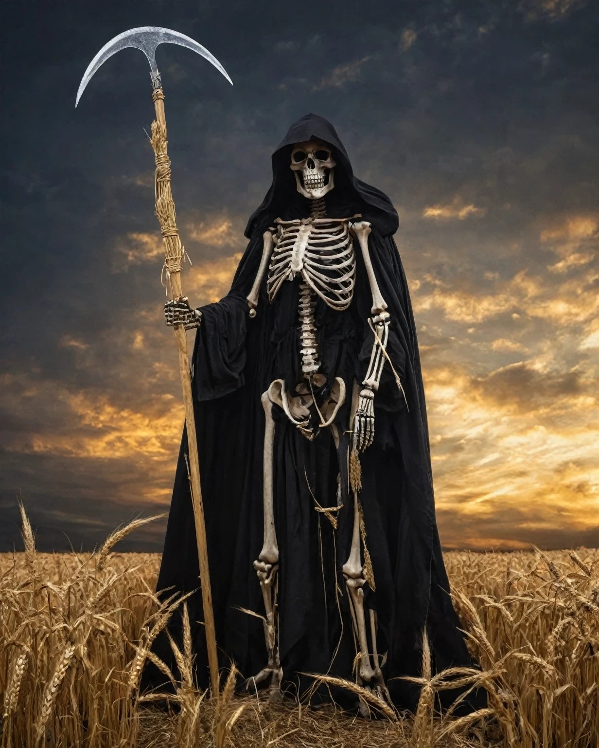 Demon's Crown, in style of Bruce Munro,Grim reaper(or reaper for short)It is the English name of the god of death.,Image of a skeleton wearing a black cloak,Holding a sickle。This is a Western allusion.,In the Bible, Jesus compares believers to wheat,When the time comes, we will harvest.(Entering Heaven),So later in the West, harvest has become a synonym for death,The sickle became the weapon of the god of death.,background:night