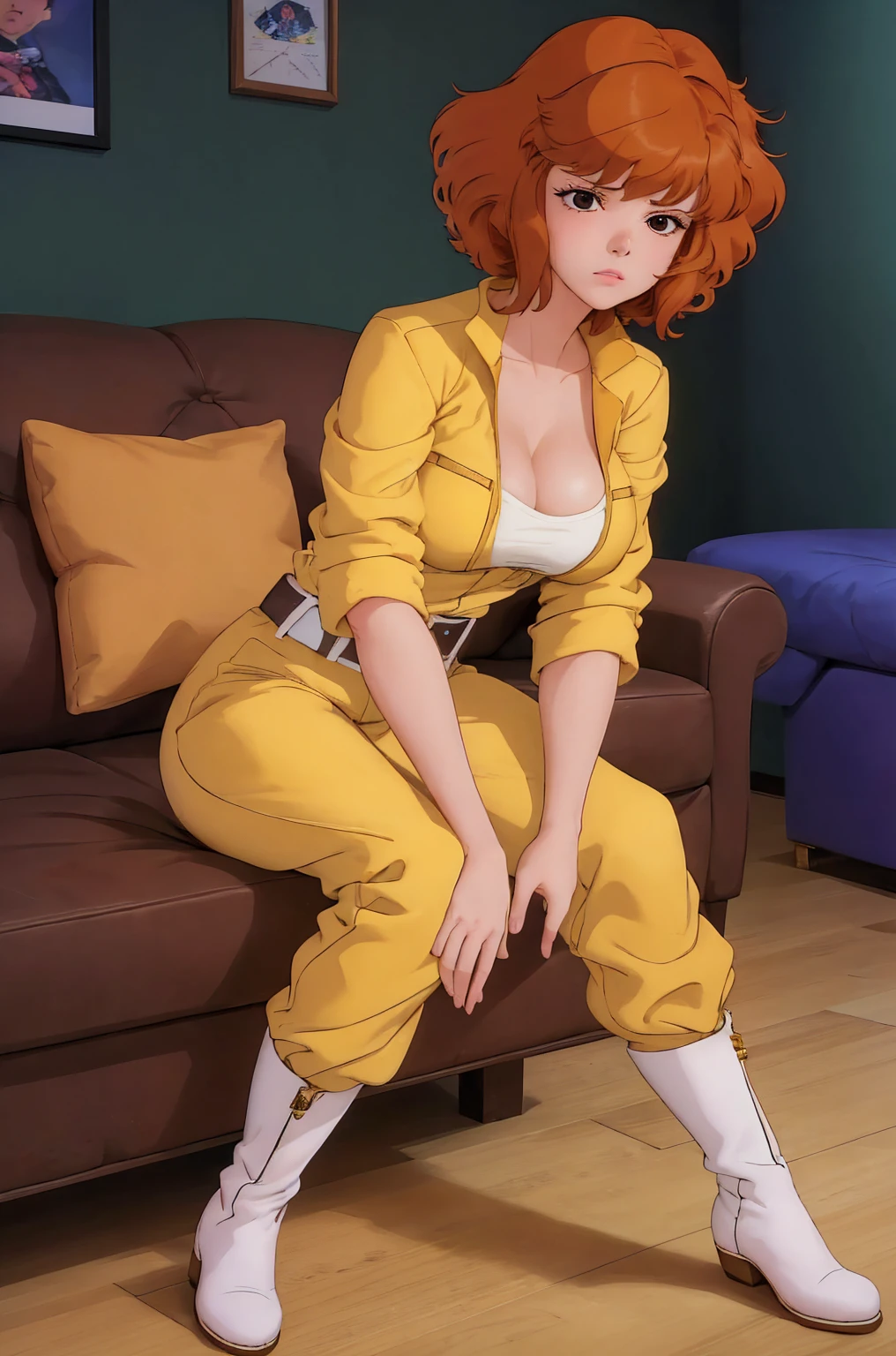 absurdres, april o'neil, 1girl, solo, short brown hair, black eyes, full body, yellow jumpsuit, sleeves rolled up, white belt, high white boots, tight clothes, sitting on sofa, in her room, sad, shy, lies on back, hands on breasts, playing with breasts