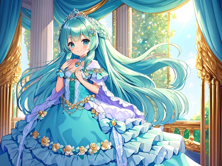 (kawaii),(best quality),(ultra detailed), upper body,(rococo style),(long train mint blue cape:1.05), very long cape,(long train mint blue ball gown with flower decorations:1.05), a girl is wearing a cape over her gown, 1 princess, tiara, smile, small breasts, very long hair