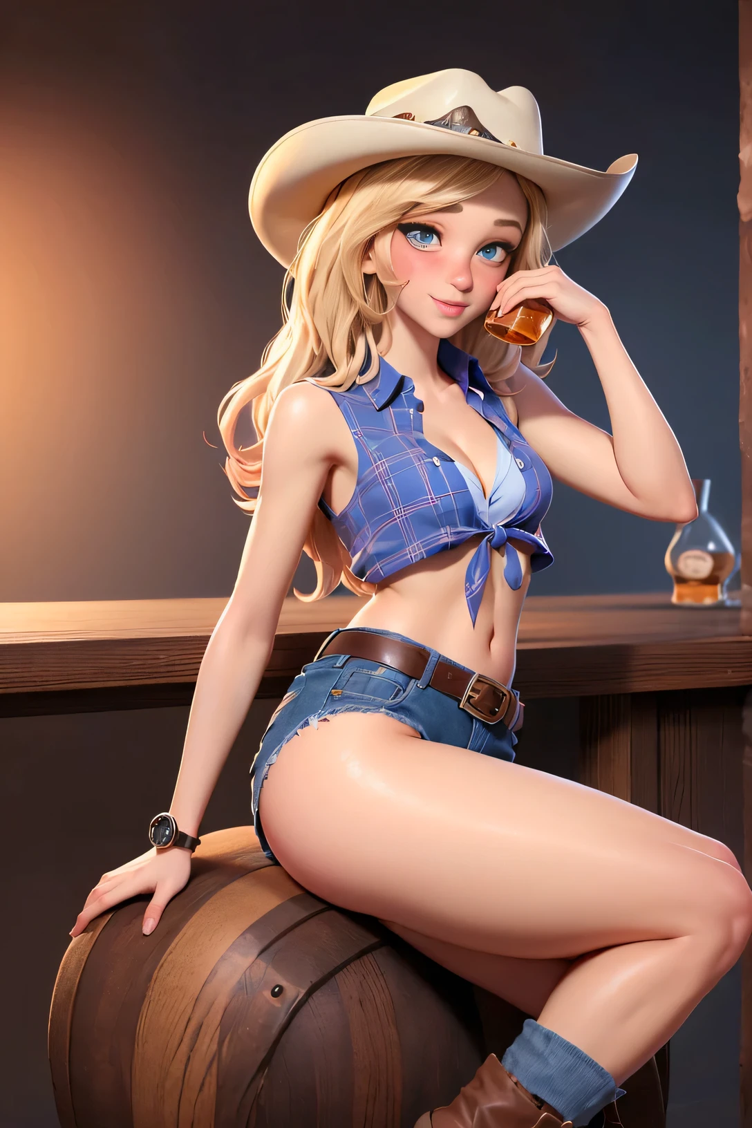 ((((1 person:2.0)))),(((Cowgirl Costume))),(((Slender body:1.2))),(((Small Ass:1.2))),(((Straight Hair:1.2))),(((Denim mini skirt))),(((Wear a western hat))),(((Wear one leather belt))),(((He is wearing a sleeveless shirt, Plaid, Front tie shirt.))),(((wear the watch))),(((short boots))),(((Showing cleavage))),(((Showing your belly button))),(((Exposing thighs))),(((Small breasts:1.5))),(((Bare arms))),(((Her hair is blonde))),, Beautiful detailed girl, Very detailed目と顔, Detailed and beautiful eyes, Very detailed, High resolution, highest quality, masterpiece, Very detailed, 8k wallpaper, wonderful, finely, highest quality, The light shines on your face,(Dark basement bar),((Drinking whiskey:1.2)),Beautiful Eyes,(((Blushed:1.2))),Cowboy Shot
