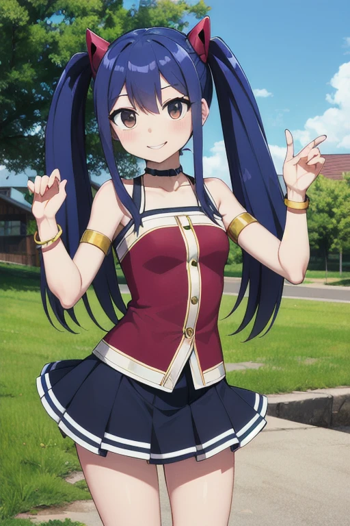 masterpiece, highest quality, High resolution, Arwendy, Long Hair, Twin tails, hair ornaments, Exposing shoulders, skirt,Bracelet, bracelet, Outdoor, Are standing, Cowboy Shot, smile,