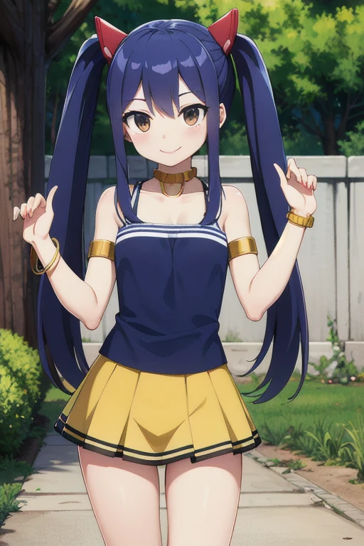 masterpiece, highest quality, High resolution, Arwendy, Long Hair, Twin tails, hair ornaments, Exposing shoulders, skirt,Bracelet, bracelet, Outdoor, Are standing, Cowboy Shot, smile,