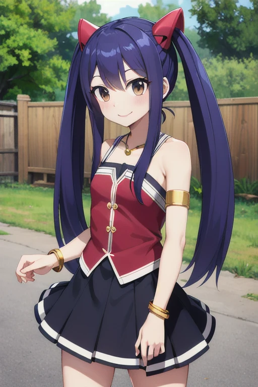 masterpiece, highest quality, High resolution, Arwendy, Long Hair, Twin tails, hair ornaments, Exposing shoulders,Bracelet, bracelet, Outdoor, Are standing, smile,nsfw