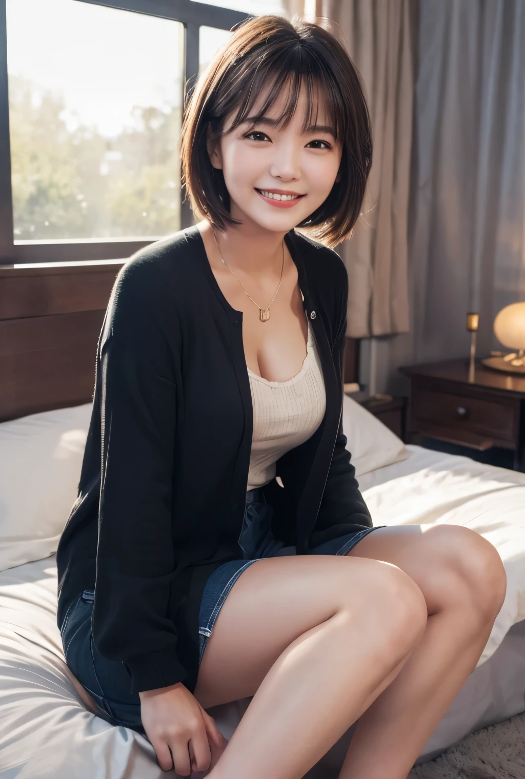 highest quality, masterpiece, Ultra-high resolution, (Reality: 1.4), Original photo, 1 woman, mature, happy smile, short hair, plump body, , Cinema Lighting, from below,
