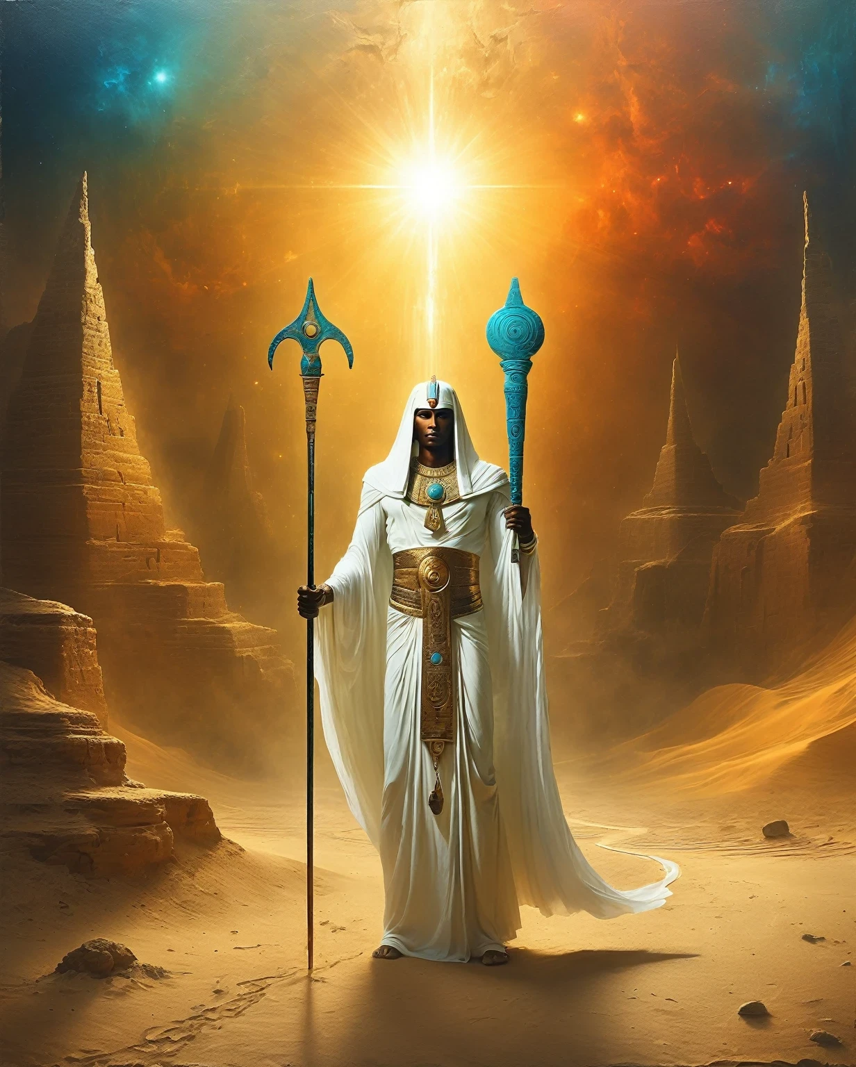 osiris, god of the underworld, ethereal landscape, majestic presence, ancient egyptian mythology, tall and regal figure, glowing eyes, flowing white robes, holding a scepter and ankh, surrounded by hieroglyphs, desert sands, golden rays of sunlight, mystical atmosphere, vibrant colors, soft and warm lighting, spiritual and serene ambiance, artful blend of realism and symbolism, expertly crafted details, intricate patterns, divine aura, magical and otherworldly scenery