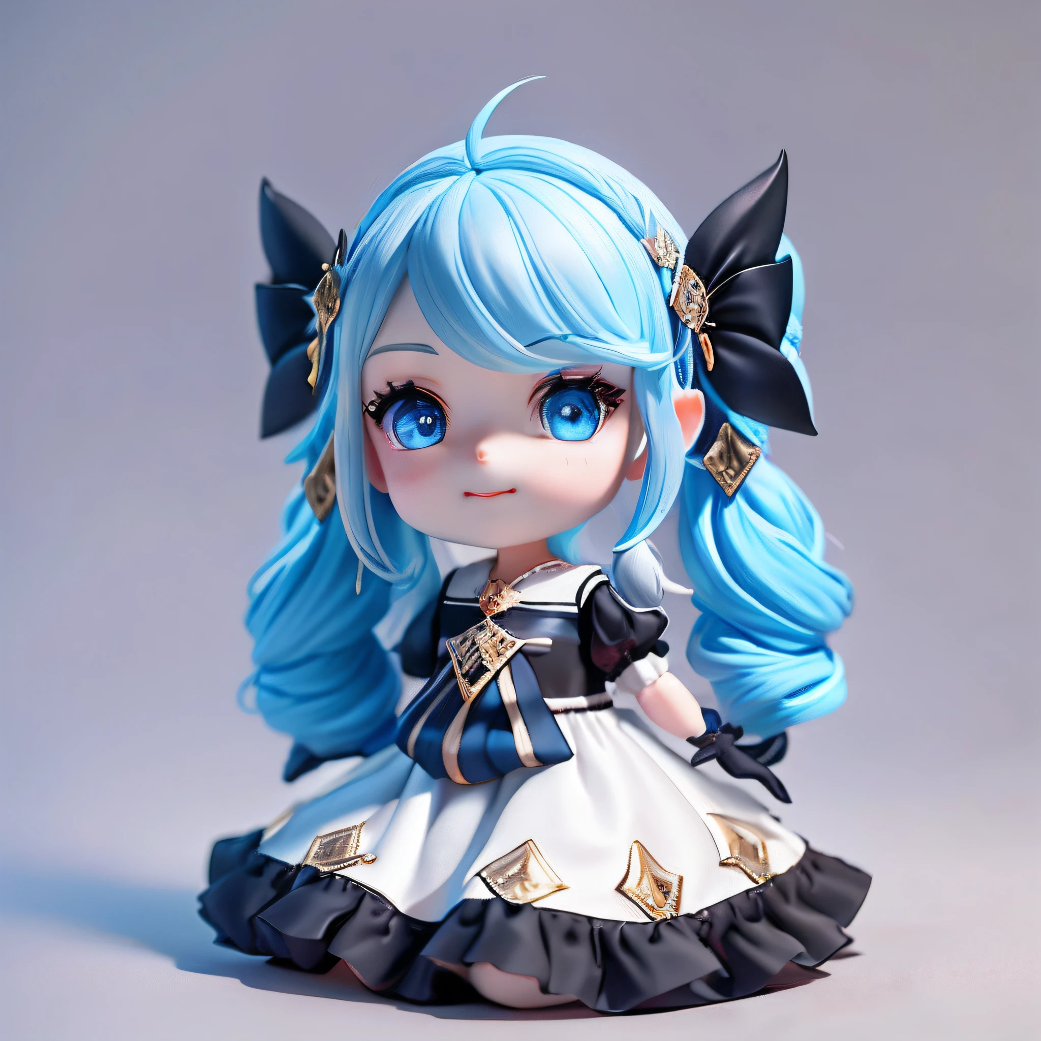 1 chica, lazo negro, guantes negros, black sock, Blue eyes, pelo azul, clarkbone,Trenzas en espiral, vestido, perforar el cabello, frill vestido, volante, guantes, gwen\(Liga de la leyenda), adornos para el cabello,A high resolution,Liga legendaria,pelo largo y blanco,labios partidoangas abullonadas,pupilas rosadas,smiled,solo,White vestido,X,10º Hair accessories,sentarseting down,sentarse,inside the room,semidesnudo,cabello delicado,Tallado de brazos,pelo azul,flores,Zapatos delicados,facial features depiction.,rasgos faciales delicados,eye depiction,cabello delicado,Caja ciega Popmart,Textura de arcilla,the golden ratio,fondo blanco y negro,natural lighting,La mejor calidad en el mejor de los casos.,Hiperdetalle,arte 3d,C4D, renderizador oc, a 3D representation, 8K,Acciones varias,rubor,Q version,(big head doll:2),gnomo,Toque redondo