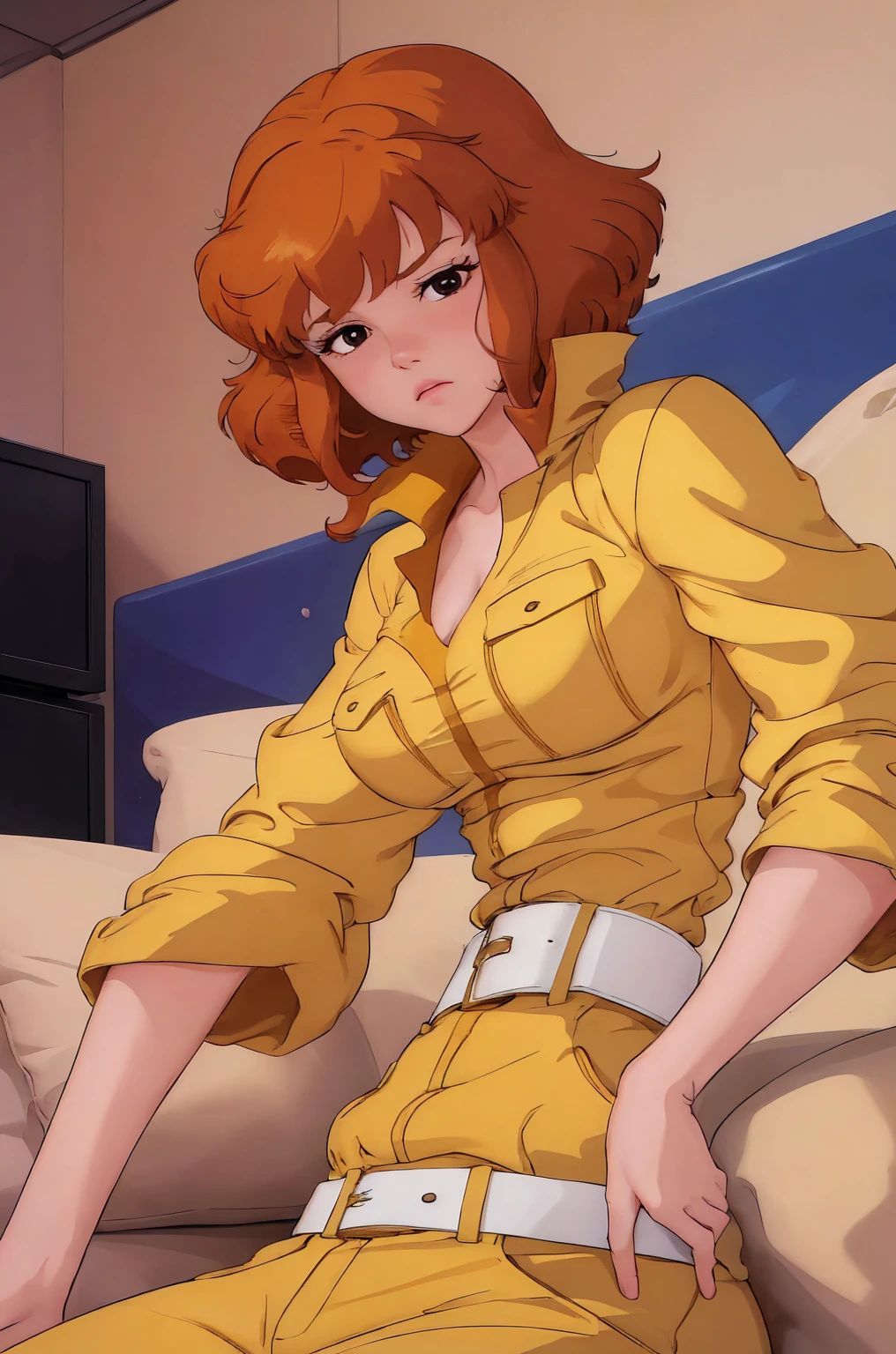 absurdres, april o'neil, 1girl, solo, short brown hair, black eyes, upper body, yellow jumpsuit, sleeves rolled up, white belt, high white boots, tight clothes, sitting on sofa, in her room, sad, shy, lies on back, hands on her breasts, 