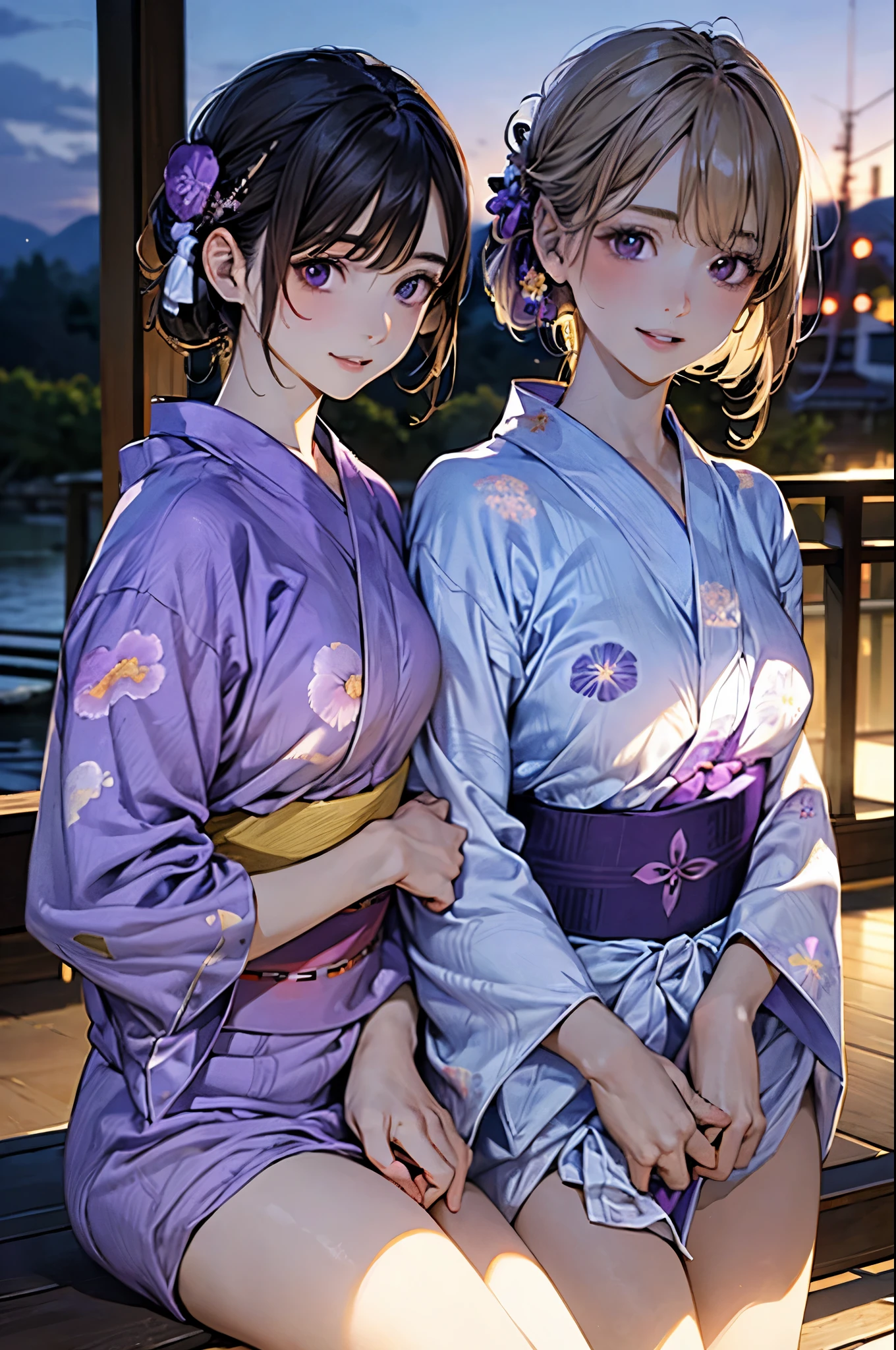 (masterpiece:1.2, top-quality), (realistic, photorealistic:1.4), beautiful illustration, (natural side lighting, movie lighting),
looking at viewer, cowboy shot, 1 girl, japanese, high school girl, perfect face, cute and symmetrical face, white skin, shiny skin,
(middle hair, (half updo), light brown hair), (sidelocks, long sideburns), blunt bangs break brown eyes, long eye lasher, (large breasts), slender,
beautiful hair, beautiful face, beautiful detailed eyes, beautiful clavicle, beautiful body, beautiful chest, beautiful thigh, beautiful legs, beautiful fingers, (five fingers)
(detailed cloth texture, (purple floral yukata:1.5), floral print),
(beautiful scenery), night, summer festival, (riverside, fireworks), sitting causeway, (lovely smile, parted lips),