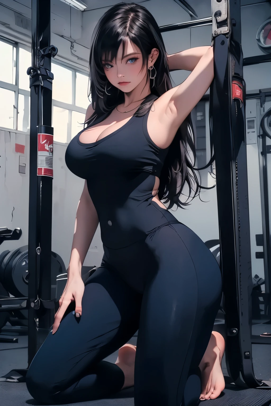 (masterpiece), (best quality), (ultra-detailed), ((masterpiece), (best quality), (ultra-detailed), (masterpiece), (best quality), (ultra-detailed), (masterpiece), (best quality), (ultra-detailed), busty lady, Tifa Lockhart,  beauty, long hair, blue eyes, yoga suit, and pants, barefoot, doing yoga in the gym room