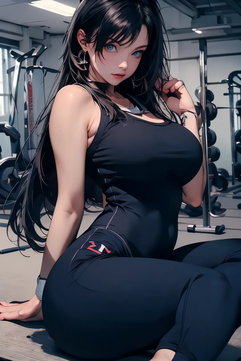 (masterpiece), (best quality), (ultra-detailed), ((masterpiece), (best quality), (ultra-detailed), (masterpiece), (best quality), (ultra-detailed), (masterpiece), (best quality), (ultra-detailed), busty lady, Tifa Lockhart,  beauty, long hair, blue eyes, yoga suit, and pants, barefoot, doing yoga in the gym room