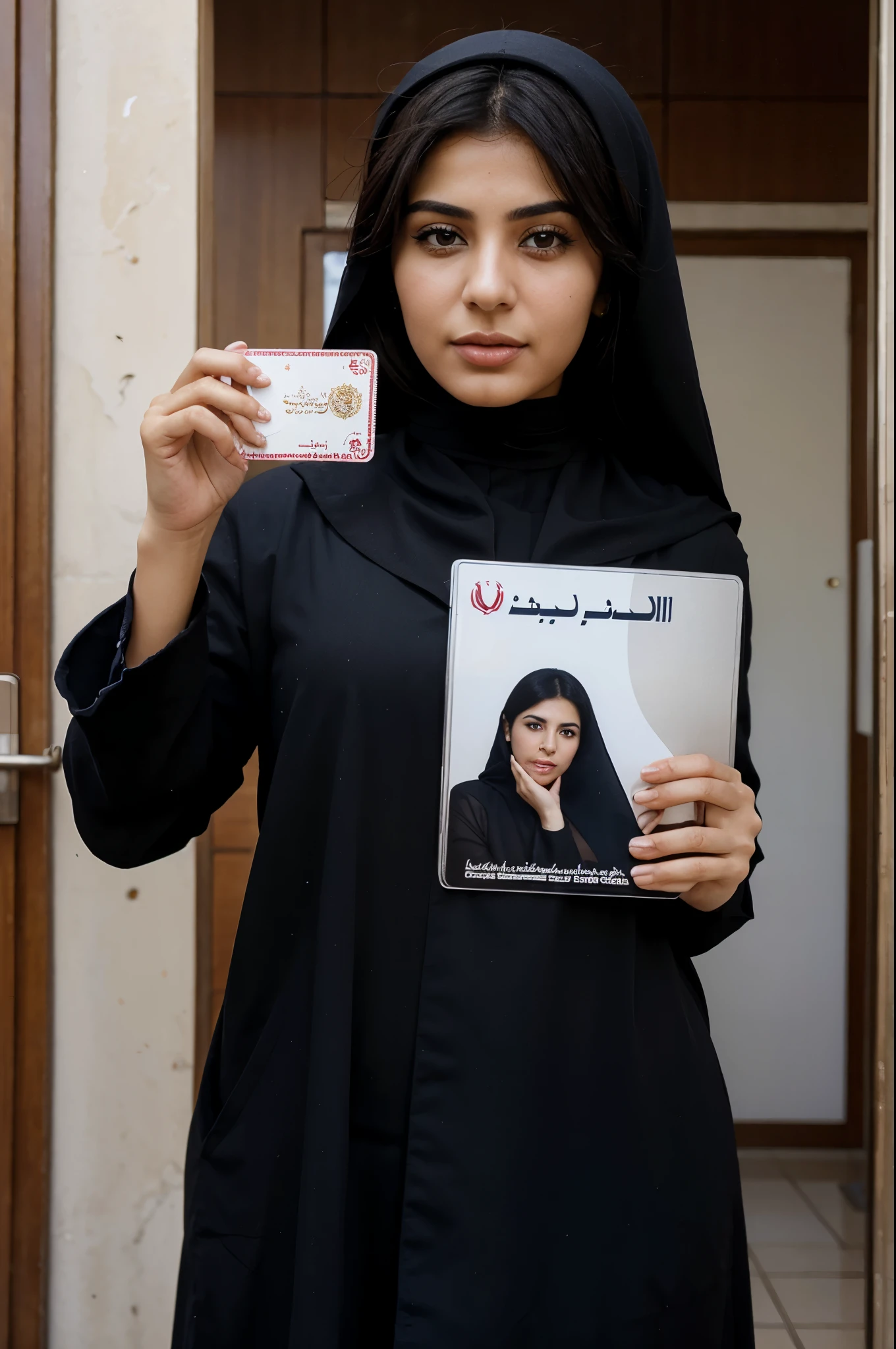 A picture of an Iranian woman with a national card in her hand