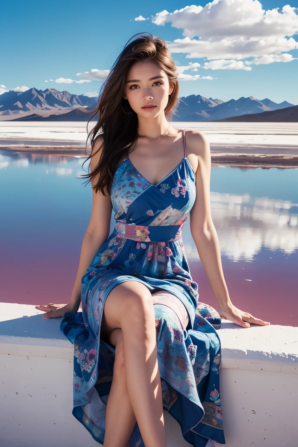 Model and background intact, Beautiful woman sitting in a patterned dress at the Uyuni salt flats, magazine pose, landscape reflected on the ground,  (detailed facial expressions), 