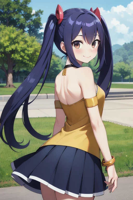 masterpiece, highest quality, High resolution, Arwendy, Long Hair, Twin tails, hair ornaments, Exposing shoulders, skirt,Bracelet, bracelet, Outdoor, back viewing, Cowboy Shot, smile,