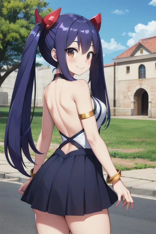 masterpiece, highest quality, High resolution, Arwendy, Long Hair, Twin tails, hair ornaments, Exposing shoulders, skirt,Bracelet, bracelet, Outdoor, back viewing, Cowboy Shot, smile,