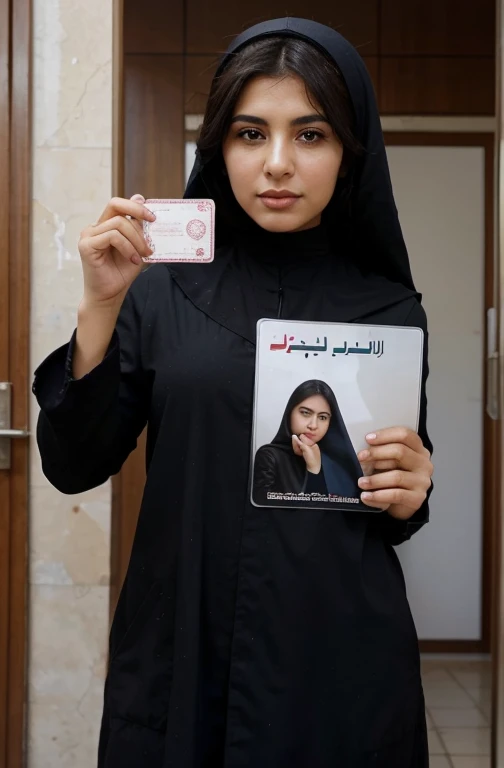 A picture of an Iranian woman with a national card in her hand