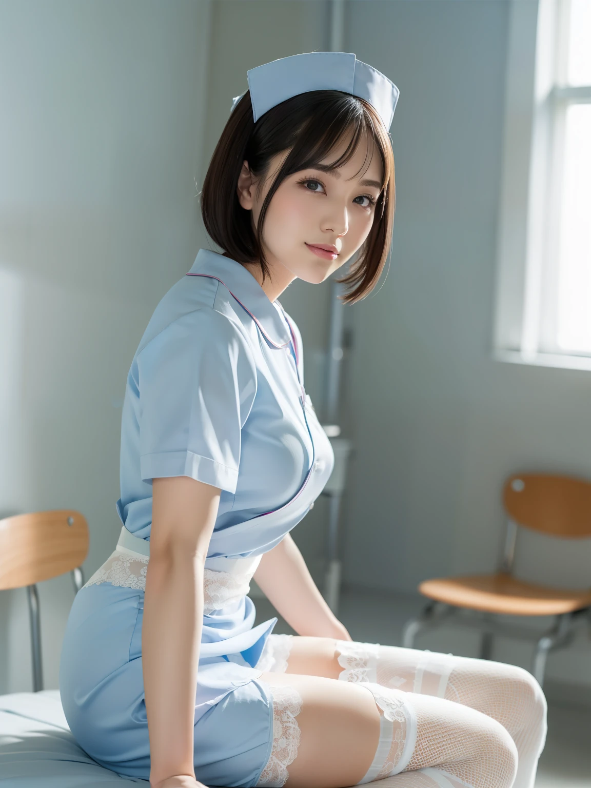 (Best quality: 1.5), (Realistic: 1.5), (1 person: 1.5), (Very detailed), (High resolution), 8k, ((White nurse uniform)), (Nurse cap), (micro mini skirt), (medium breasts), natural colored lips, cute smile, 20 year old girl, (beautiful and elaborate face), (perfect and beautiful face), (big eyes), (beautiful and elaborate face), (left and right balance) Beautiful eyes), Beautiful double eyelids, Perfect and beautiful face, Thin arched eyebrows, Slim face, (Slim figure), Beautiful thin nose, Beautiful skin, (Medium bob hair), Natural bangs, Fair skin, Front view lighting, (lighting the face), dark blue eyes, slim waistline, slender beautiful legs, nurse, examination room, Stethoscope, (sit on the bed in the examination room), (wearing a white colored garter belt), (white knee-high lace stockings), white nurse clothes,