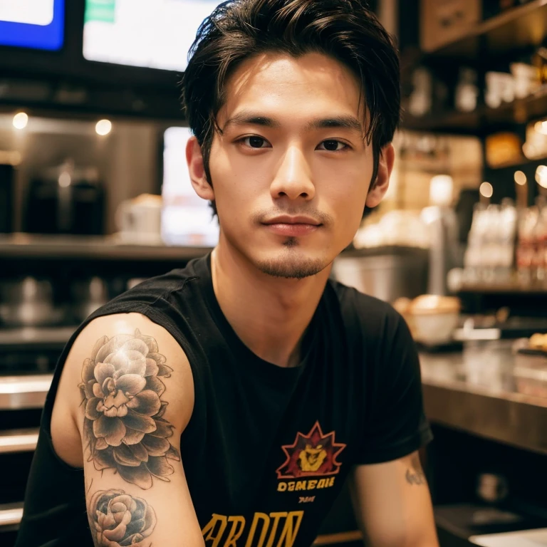 frontal photo Looking straight into the camera,8k quality,, Close-up photo of 25 year old Asian man, very handsome., His long, black hair flowed up., Wear a dark yellow t-shirt., Yakuza tattoos, Inside a luxurious coffee shop,  Taken with a high quality camera 45,000,000 pixels, realistic light colors, 