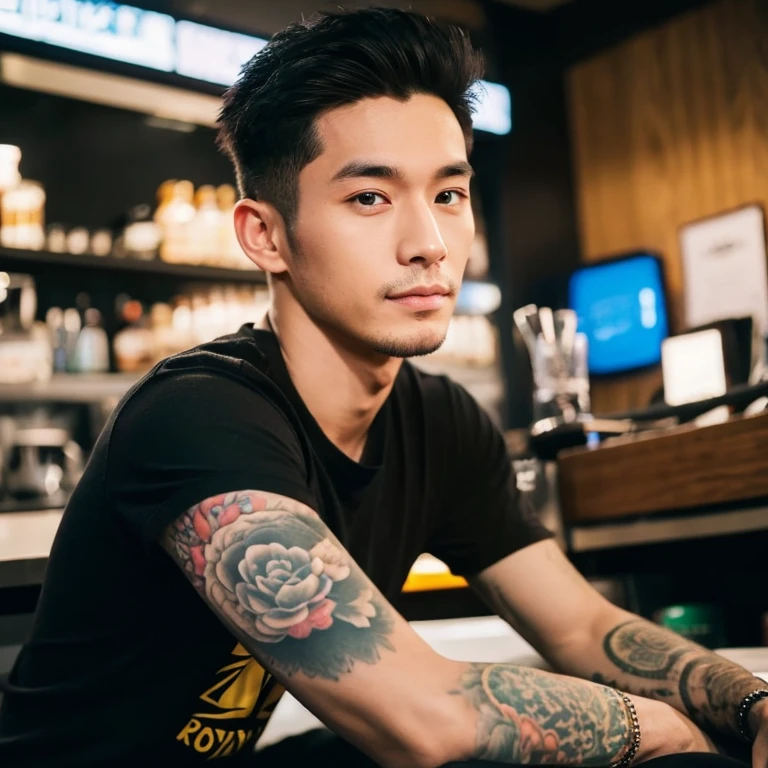 frontal photo Looking straight into the camera,8k quality,, Close-up photo of 25 year old Asian man, very handsome., His long, black hair flowed up., Wear a dark yellow t-shirt., Yakuza tattoos, Inside a luxurious coffee shop, Taken with a high quality camera 45,000,000 pixels, realistic light colors,
