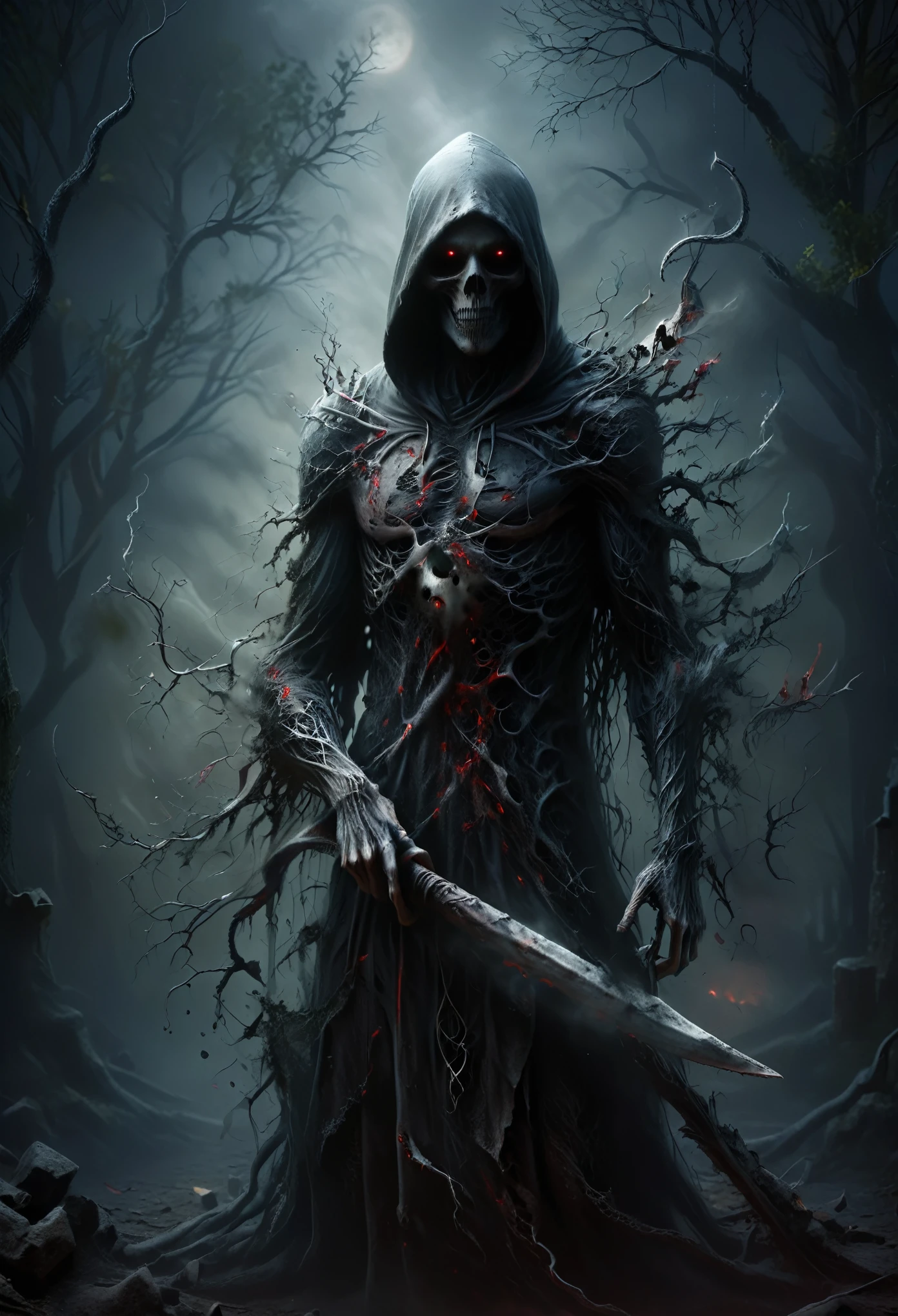 highly detailed full body portrait of the hooded grim reaper in the shadows, fractalvines, the Grim Reaper made from black fractal vines, holding a tall staffed scythe, gloomy, dark night time scene, realistic photograph, extremely detailed face (photo realism), bone, flesh, minimal color usage, maximum resolution, dynamic angle, torn black gown, red piercing eyes, long sharp fingers, foggy medievil village setting, misty atmosphere, horror effect, fear, scary, fright, cinema still style, shadows, depth of field, background blur, night time, strong backlight, firm contrast, vignette, ral-dissolve