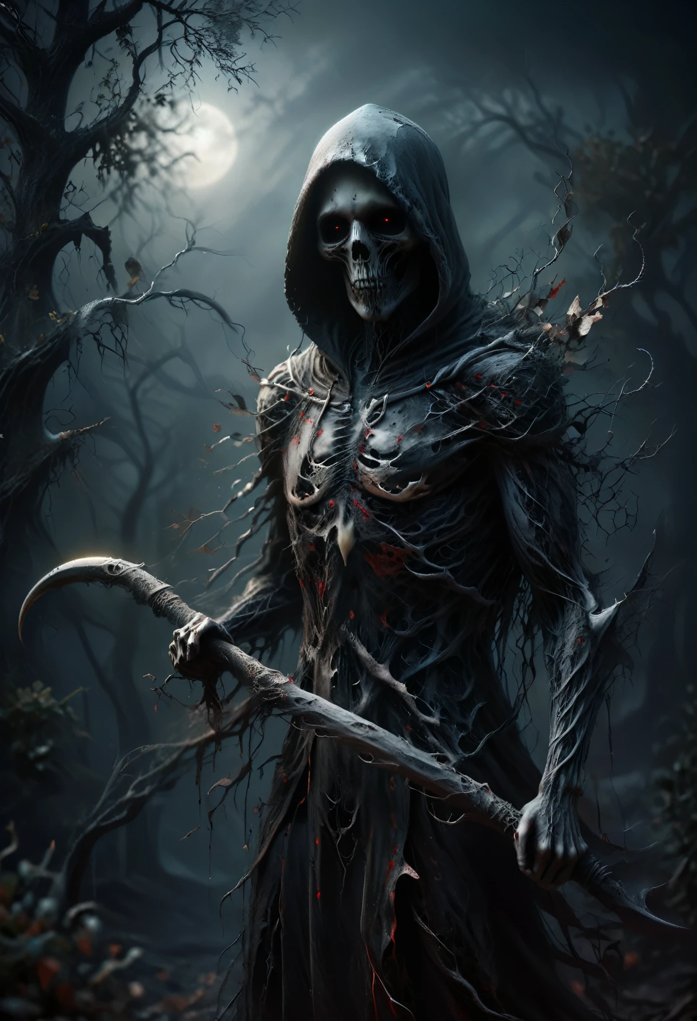 highly detailed full body portrait of the hooded grim reaper in the shadows, fractalvines, the Grim Reaper made from black fractal vines, holding a tall staffed scythe, gloomy, dark night time scene, realistic photograph, extremely detailed face (photo realism), bone, flesh, minimal color usage, maximum resolution, dynamic angle, torn black gown, red piercing eyes, long sharp fingers, foggy medievil village setting, misty atmosphere, horror effect, fear, scary, fright, cinema still style, shadows, depth of field, background blur, night time, strong backlight, firm contrast, vignette, ral-dissolve