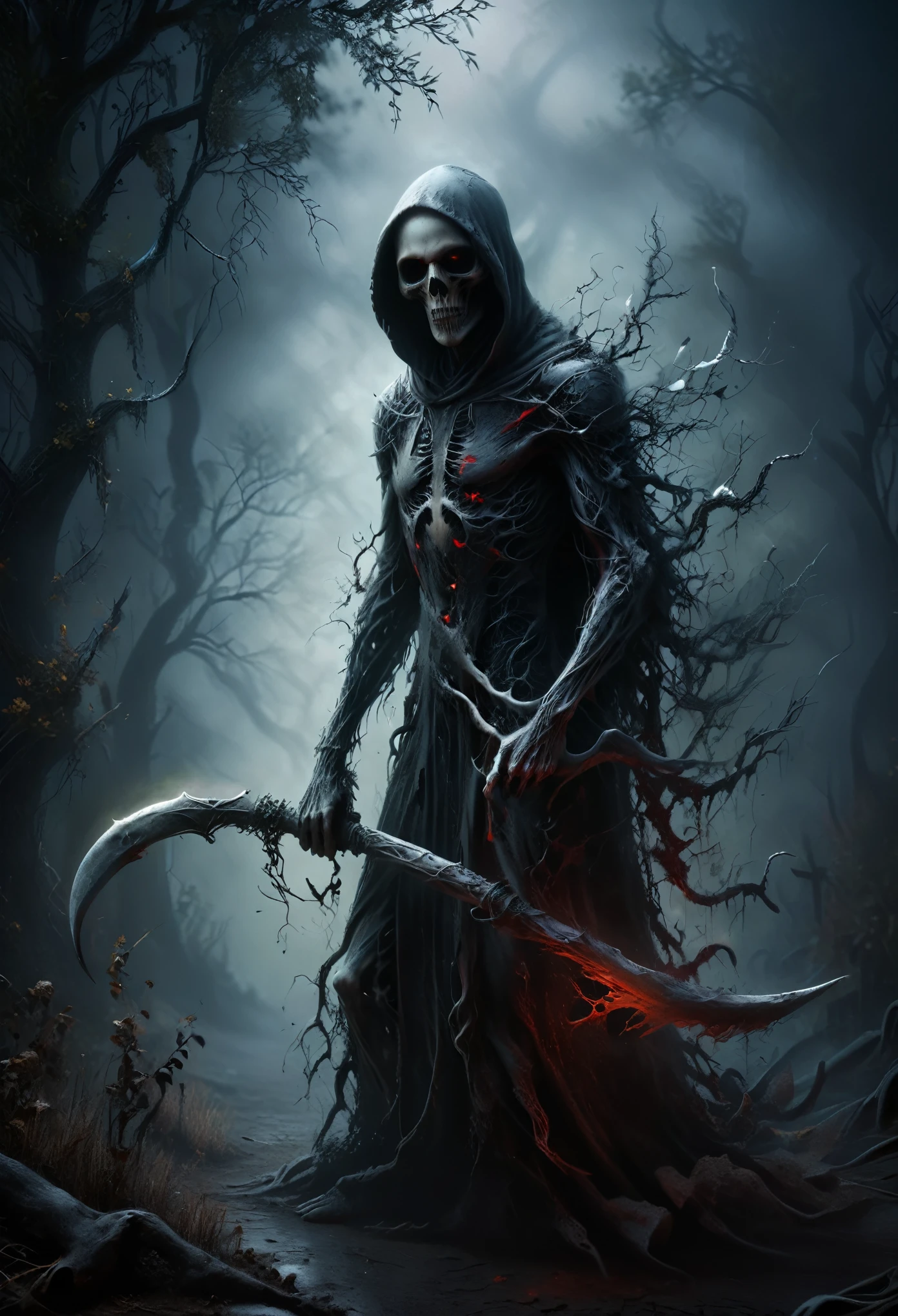 highly detailed full body portrait of the hooded grim reaper in the shadows, fractalvines, the Grim Reaper made from black fractal vines, holding a tall staffed scythe, gloomy, dark night time scene, realistic photograph, extremely detailed face (photo realism), bone, flesh, minimal color usage, maximum resolution, dynamic angle, torn black gown, red piercing eyes, long sharp fingers, foggy medievil village setting, misty atmosphere, horror effect, fear, scary, fright, cinema still style, shadows, depth of field, background blur, night time, strong backlight, firm contrast, vignette, ral-dissolve
