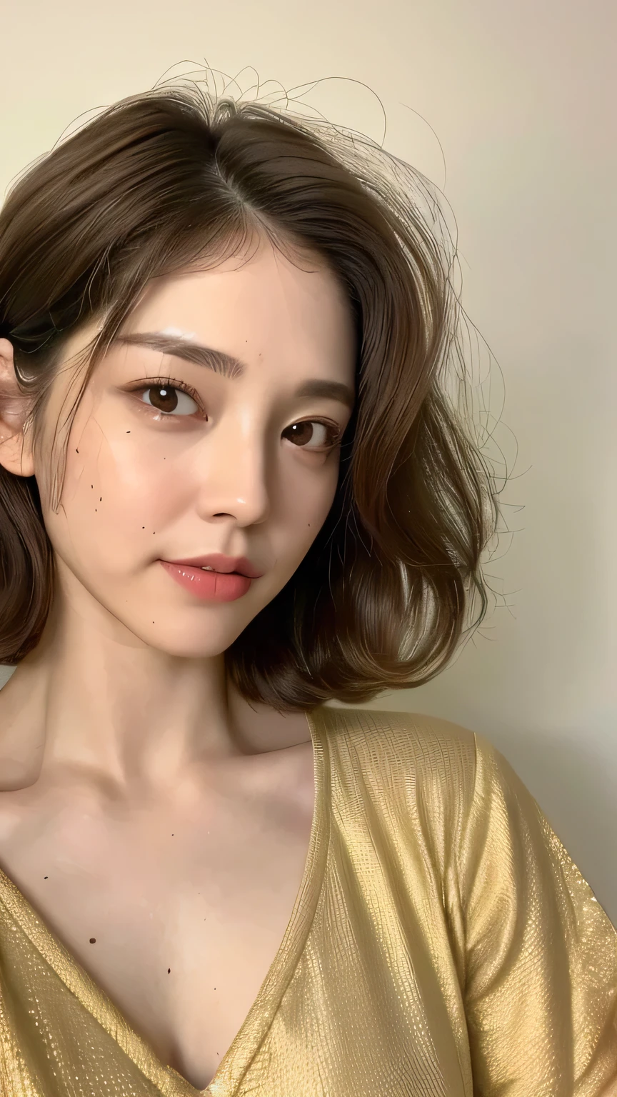 ((highest quality, 8k, masterpiece: 1.3)), 1 female, Japanese Mature,Sensual beauty: 1.3, (Hair style Brown hair Short waves, big: 1.2), Yellow Nightwear: 1.1, Super slender face, Delicate eyes, Saggy eyes,double eyelid, Dimples,Mole, Home,Plump body,very thick legs,Cowboy shot from above,