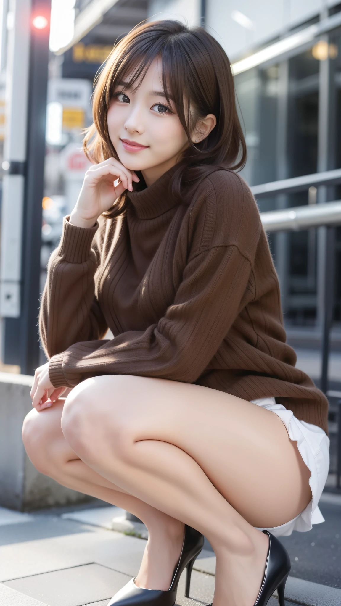 Photos taken by a professional photographer，Close-up of a woman squatting on the sidewalk, Young and cute Japanese model, Wearing a random color casual sweater,Short brown hair with side waves, Black high heels，nice smile、