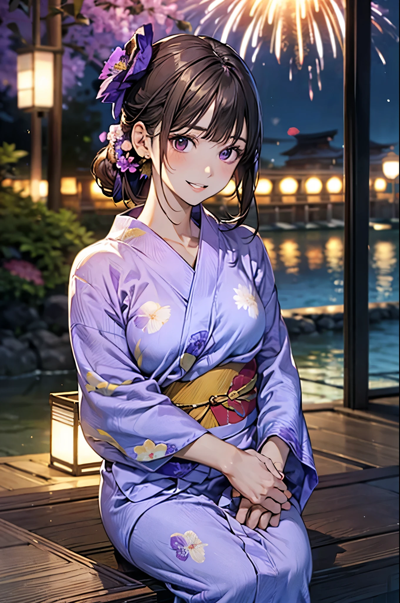 (masterpiece:1.2, top-quality), (realistic, photorealistic:1.4), beautiful illustration, (natural side lighting, movie lighting),
looking at viewer, cowboy shot, 1 girl, japanese, high school girl, perfect face, cute and symmetrical face, white skin, shiny skin,
(middle hair, (half updo), light brown hair), (sidelocks, long sideburns), blunt bangs break brown eyes, long eye lasher, (large breasts), slender,
beautiful hair, beautiful face, beautiful detailed eyes, beautiful clavicle, beautiful body, beautiful chest, beautiful thigh, beautiful legs, beautiful fingers, (five fingers)
(detailed cloth texture, (purple floral yukata:1.5), floral print),
(beautiful scenery), night, summer festival, (riverside, fireworks), sitting causeway, (lovely smile, parted lips),