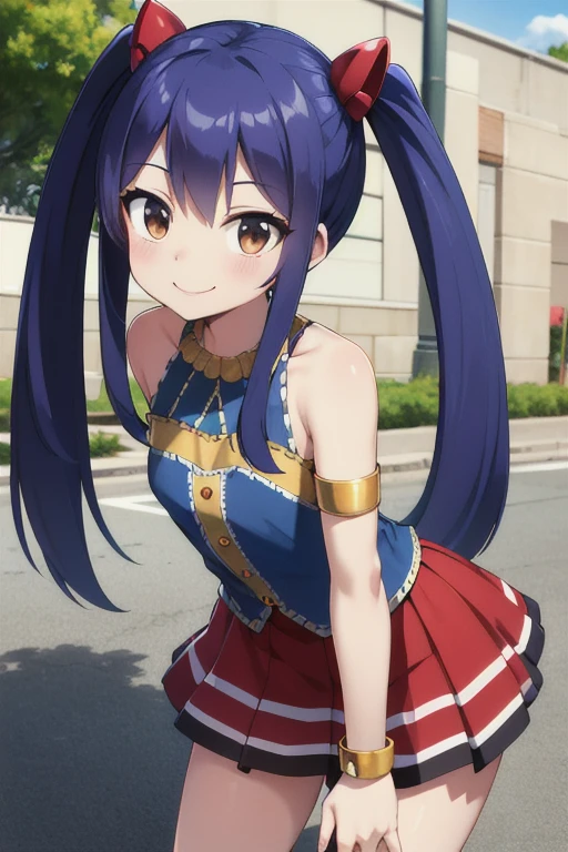 masterpiece, highest quality, High resolution, Arwendy, Long Hair, Twin tails, hair ornaments, Exposing shoulders, skirt,Bracelet, bracelet, Outdoor, leaning forward, Cowboy Shot, smile,