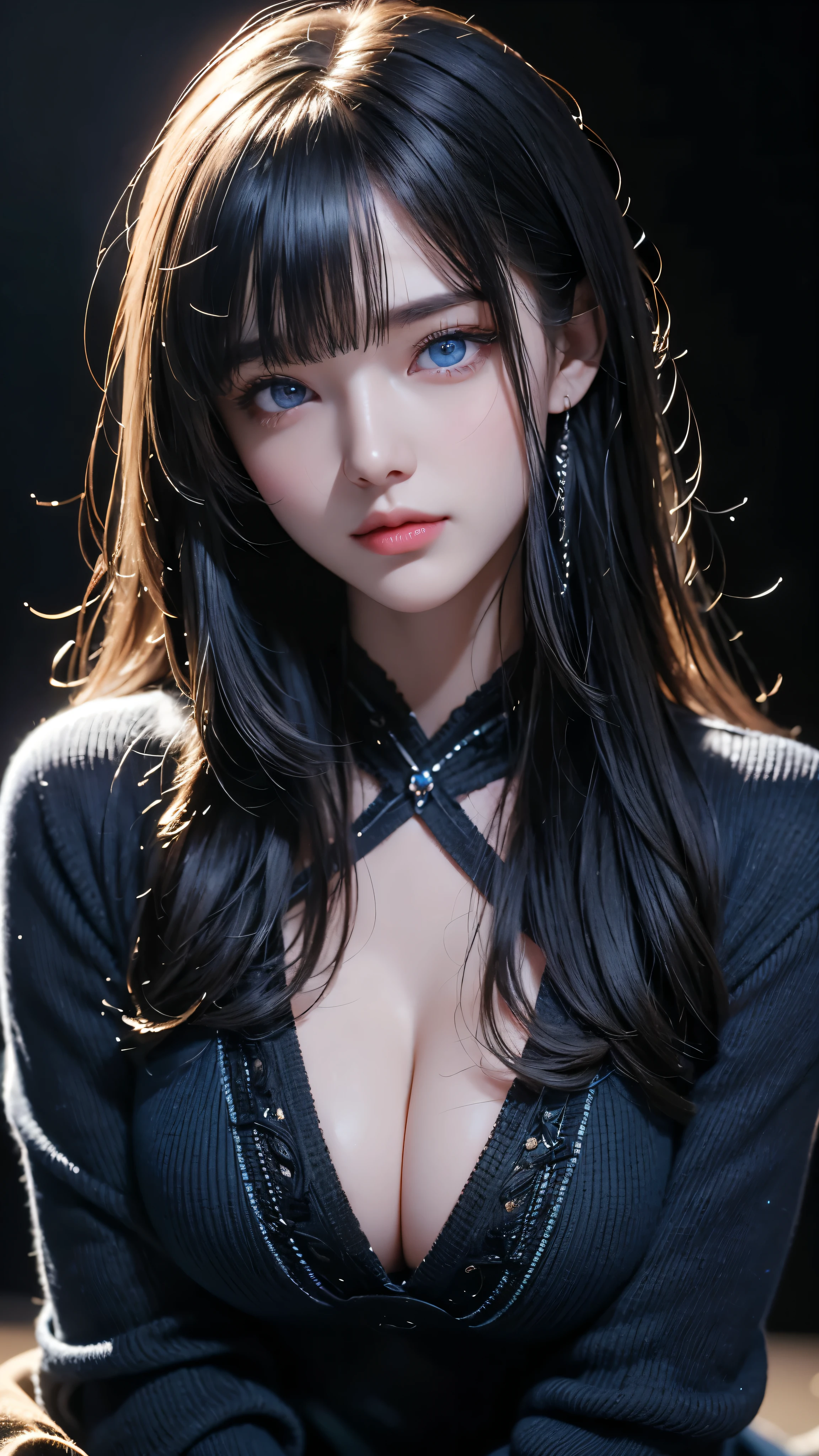 masterpiece, highest quality, Super detailed, Facing the camera, Super detailed, Realistic, Sharp features, Very detailed, Sharp focus, Perfect Face, Perfect Face, Perfect symmetrical perfect eyes, Perfect Plump Lips, Flexible female form, Cinematic, Film Light, Super detailed, hyper Realistic, masterpiece, Atmospheric, High resolution, Vibrant, Dynamic Studio Lighting, ((Dark Background)), The expression when receiving pleasure, Straight bangs, blue eyes,Black sweater, Cowboy Shot,The cleavage is visible