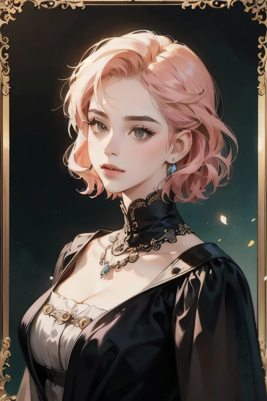 a painting of a woman in a black dress victorian style with a necklace, detailed face, style of raymond swanland, elegant,old woman ( ( konstantin razumov ) ), sultry digital painting, beautiful character painting, style of medieval fantasy, martin ansin artwork portrait, pink short curl hair, brown eyes, big body, half body