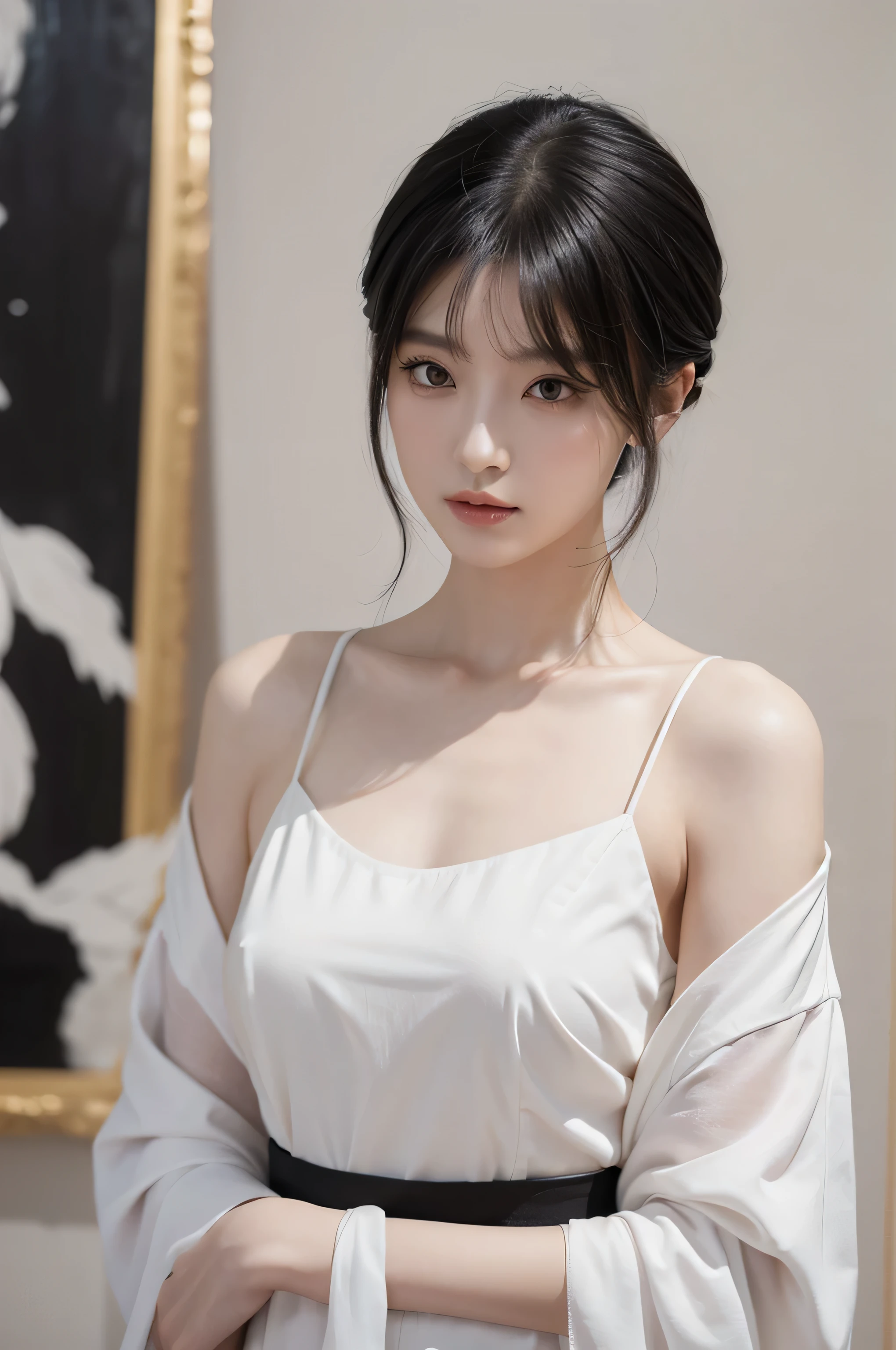 masterpiece, 1 outstanding female, Long black dress, Ink Painting, Mature woman, woman with short silver hair, Shoulder-length hair, Light pink lips, indifferent, serious, Bangs, assassin, White clothes, Facial details, Correct proportions, This painting is created in the Chinese classical style,Oil painting depicting a woman with short hair. The main colors of the whole painting are white and black.. The main style of the whole painting is Chinese style,classical。Woman's face Very realistic female face, Loved by the audience. Presented in a meticulous style. Woman's hair is as white as snow, The eyes seem to be filled with watery red eyes, Exuding a mysterious atmosphere, The women wore elegant and sophisticated clothing, The whole painting shows a high level of skill.The face has the makeup of a classic oriental woman,There is a Tang Dynasty red peony embroidered on the forehead