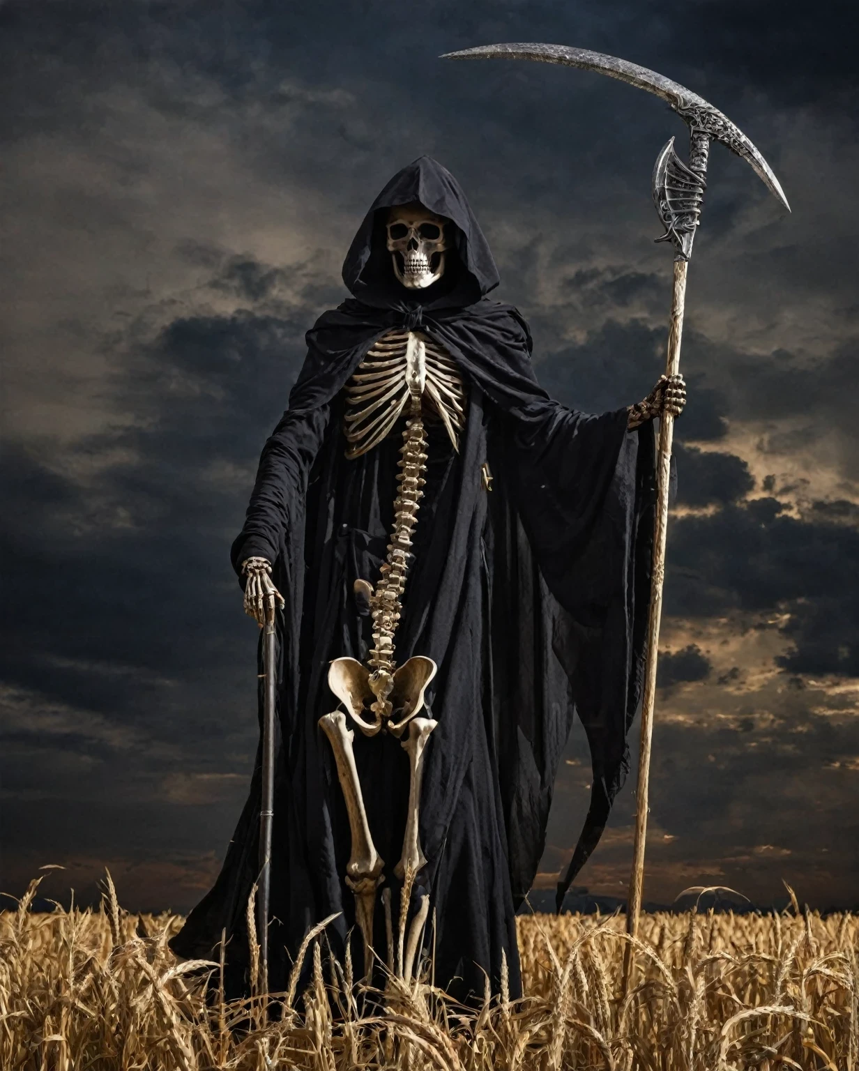 Demon's Crown, in style of Bruce Munro，Grim reaper（or reaper for short）It is the English name of the god of death.，Image of a skeleton wearing a black cloak，Holding a sickle。This is a Western allusion.，In the Bible, Jesus compares believers to wheat，When the time comes, we will harvest.（Entering Heaven），So later in the West, harvest has become a synonym for death，The sickle became the weapon of the god of death.，background：night