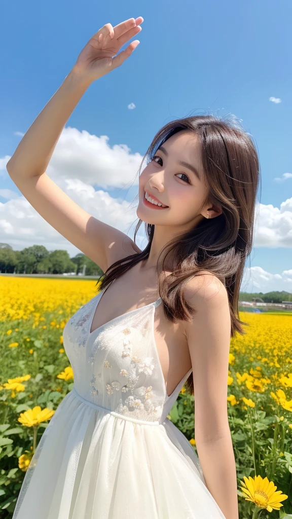 This image describes a beautiful girl. She has long, glossy, dark brown hair and a delicate face with big, sparkling eyes. She is wearing an elegant white dress, standing in the middle of a colorful flower field. The sunlight highlights her smooth skin. The girl is gently smiling, giving a sense of peace and happiness. Behind her is a clear blue sky with white clouds drifting softly.







